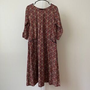 Prince Textiles Cotton Boho Lagenlook Mandala Print Pocket Midi Dress L+ Red